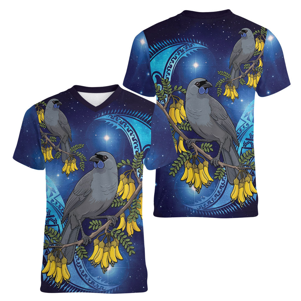 New Zealand Kokako Bird Women V-Neck T-Shirt Kowhai Galaxy Style Polynesian Pattern