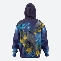 New Zealand Kokako Bird Zip Hoodie Kowhai Galaxy Style Polynesian Pattern
