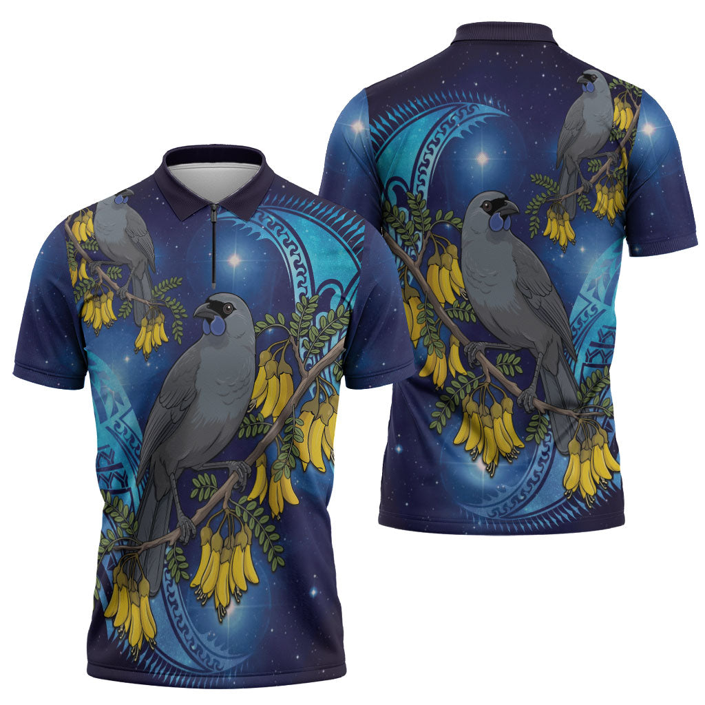 New Zealand Kokako Bird Zipper Polo Shirt Kowhai Galaxy Style Polynesian Pattern