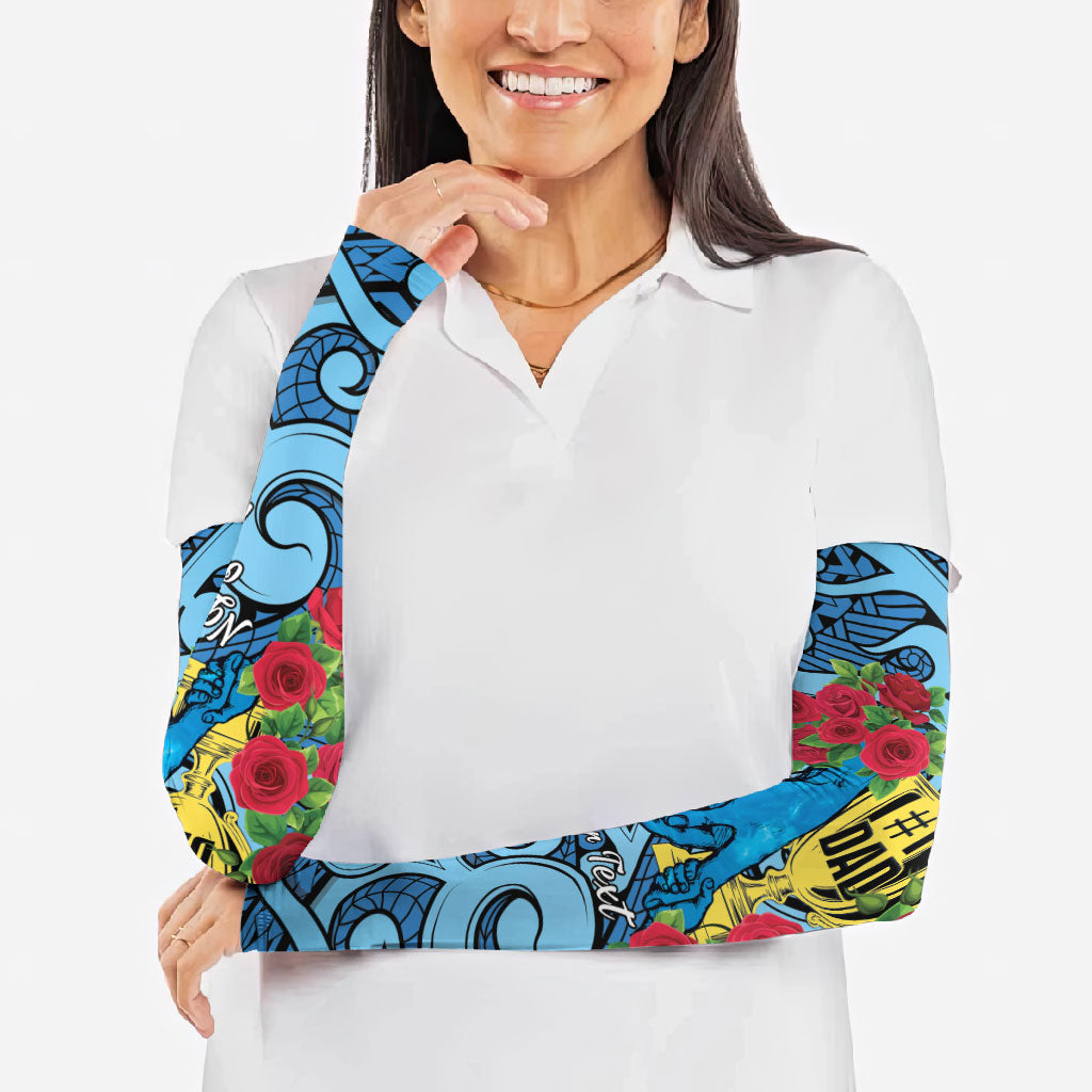 Personalised New Zealand Father's Day Arm Sleeves Best Dad Trophy Red Rose Maori Pattern