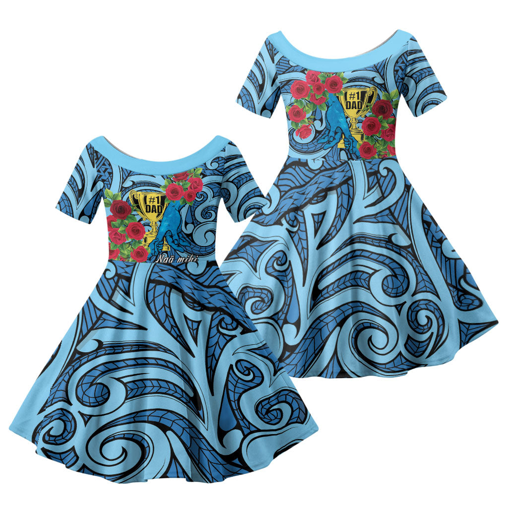 Personalised New Zealand Father's Day Family Matching Long Sleeve Bodycon Dress and Hawaiian Shirt Best Dad Trophy Red Rose Maori Pattern LT22 Daughter's Dress Blue - Polynesian Pride