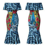 Personalised New Zealand Father's Day Family Matching Mermaid Dress and Hawaiian Shirt Best Dad Trophy Red Rose Maori Pattern LT22 Mom's Dress Blue - Polynesian Pride