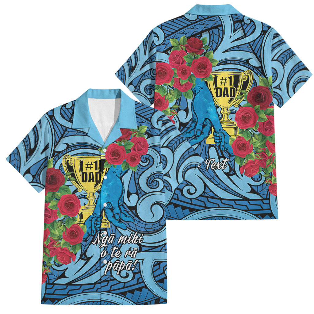 Personalised New Zealand Father's Day Family Matching Off The Shoulder Long Sleeve Dress and Hawaiian Shirt Best Dad Trophy Red Rose Maori Pattern LT22 Dad's Shirt - Short Sleeve Blue - Polynesian Pride