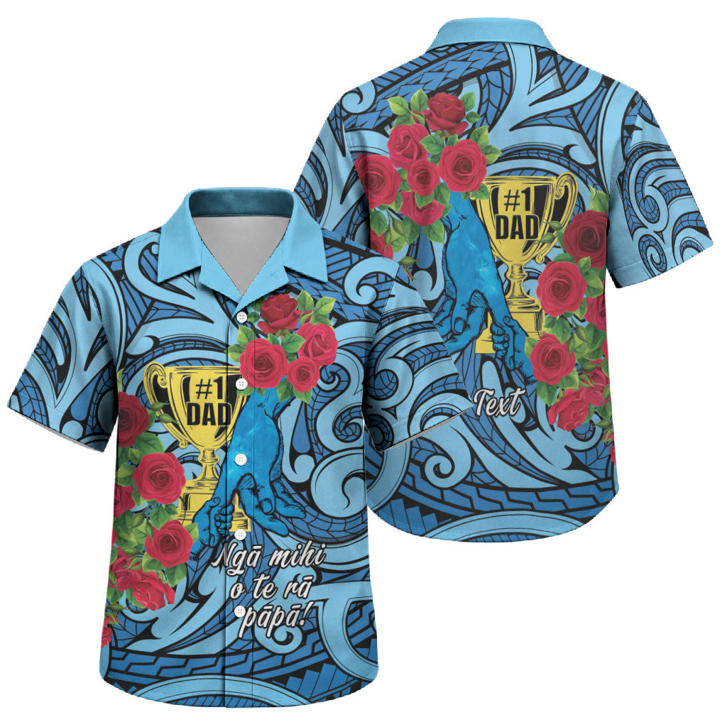 Personalised New Zealand Father's Day Family Matching Off The Shoulder Long Sleeve Dress and Hawaiian Shirt Best Dad Trophy Red Rose Maori Pattern LT22 Son's Shirt Blue - Polynesian Pride