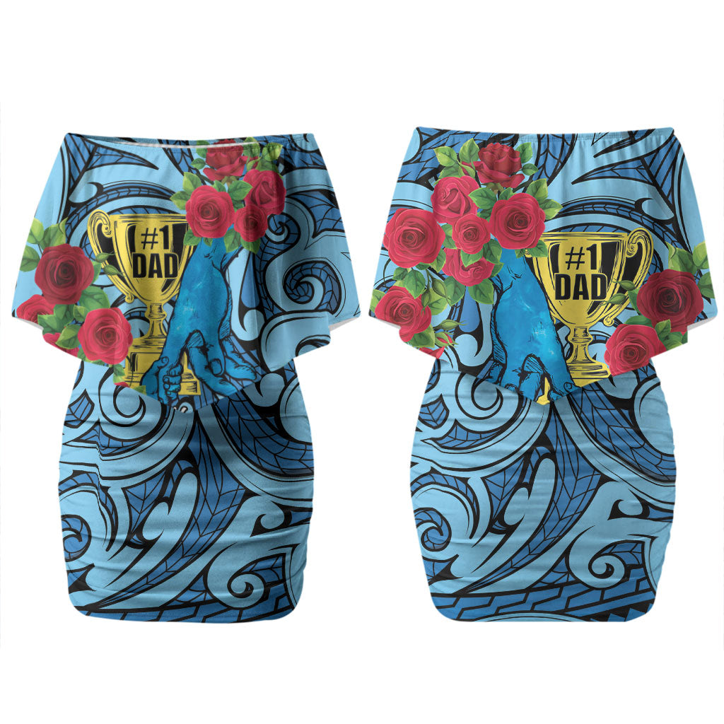 Personalised New Zealand Father's Day Family Matching Off Shoulder Short Dress and Hawaiian Shirt Best Dad Trophy Red Rose Maori Pattern LT22 Mom's Dress Blue - Polynesian Pride