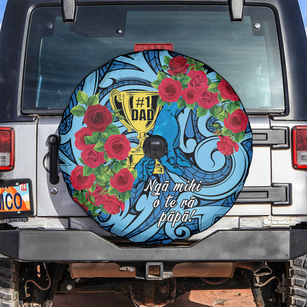 New Zealand Father's Day Spare Tire Cover Best Dad Trophy Red Rose Maori Pattern LT22 Blue - Polynesian Pride