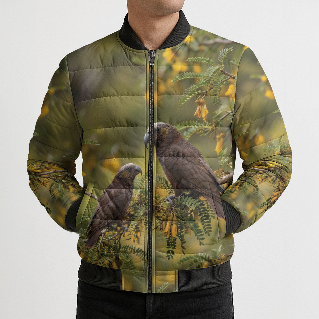 New Zealand Kaka Bird Bomber Puffer Jacket Kowhai Flower Landscape Style