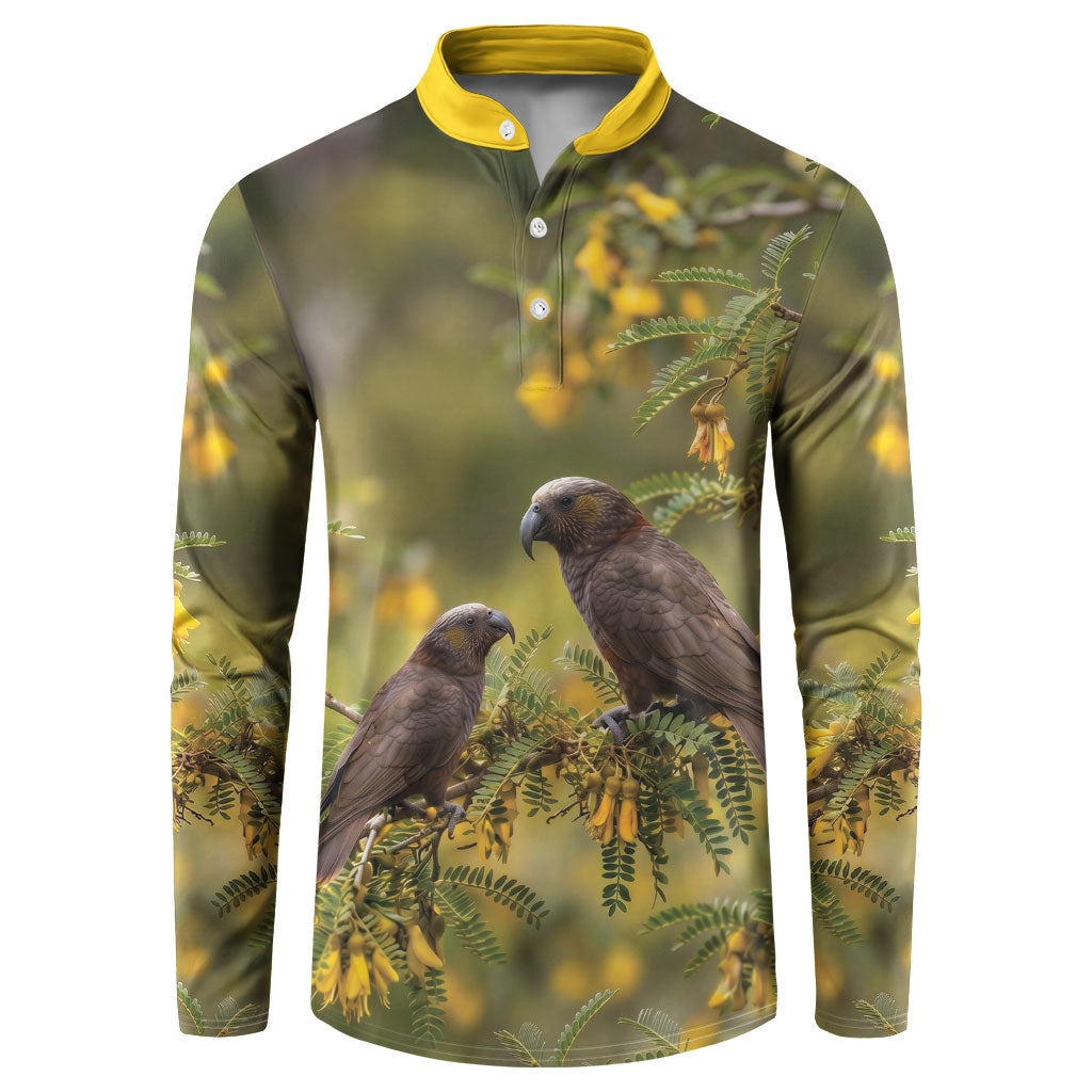 New Zealand Kaka Bird Button Sweatshirt Kowhai Flower Landscape Style