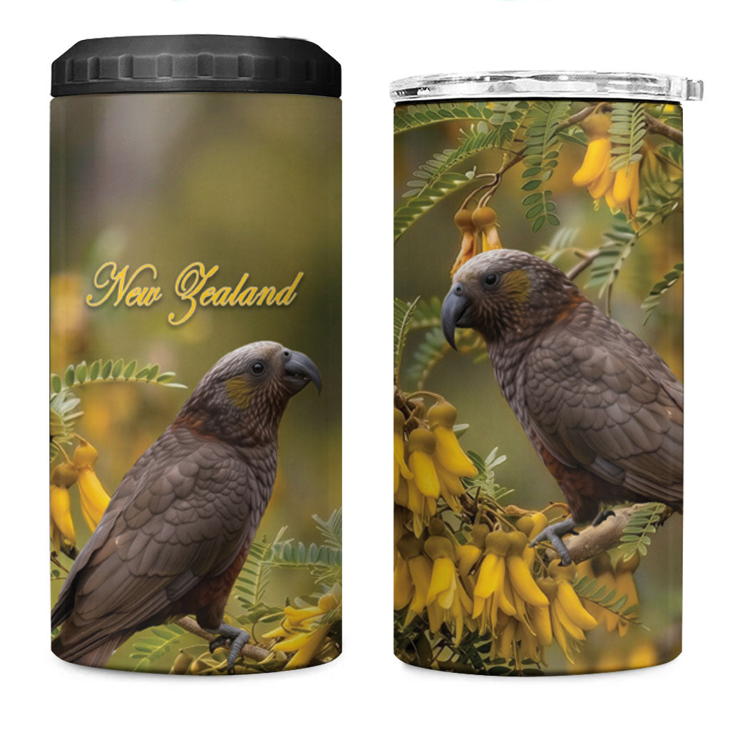 New Zealand Kaka Bird 4 in 1 Can Cooler Tumbler Kowhai Flower Landscape Style