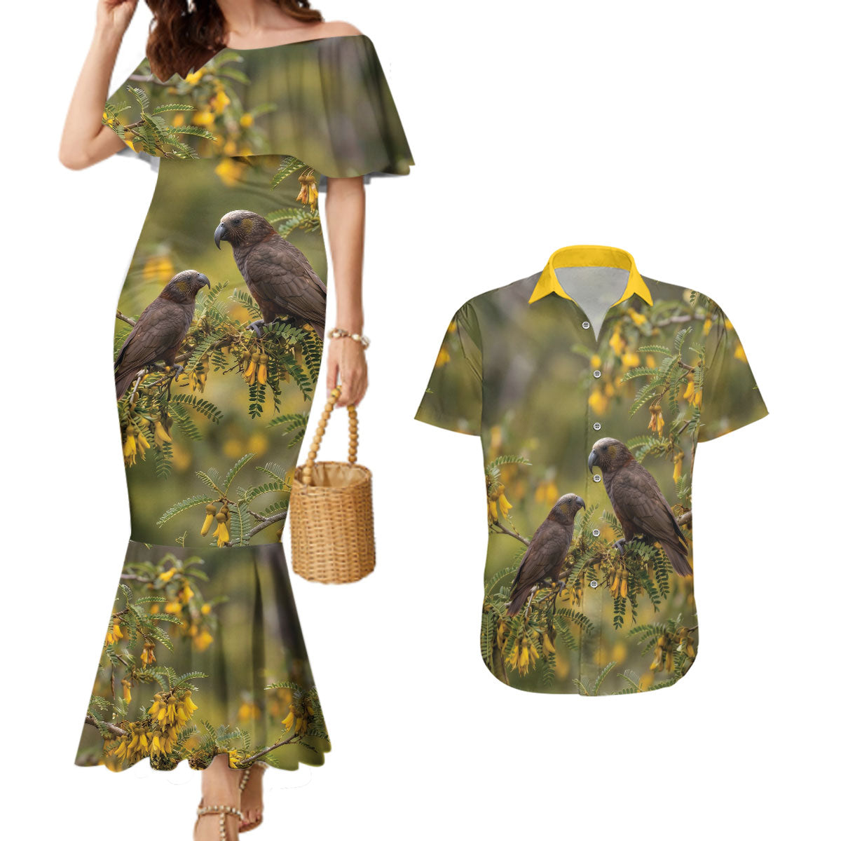 New Zealand Kaka Bird Couples Matching Mermaid Dress and Hawaiian Shirt Kowhai Flower Landscape Style