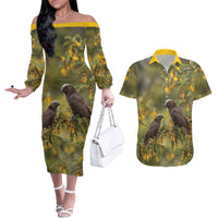 New Zealand Kaka Bird Couples Matching Off The Shoulder Long Sleeve Dress and Hawaiian Shirt Kowhai Flower Landscape Style LT22 Green - Polynesian Pride