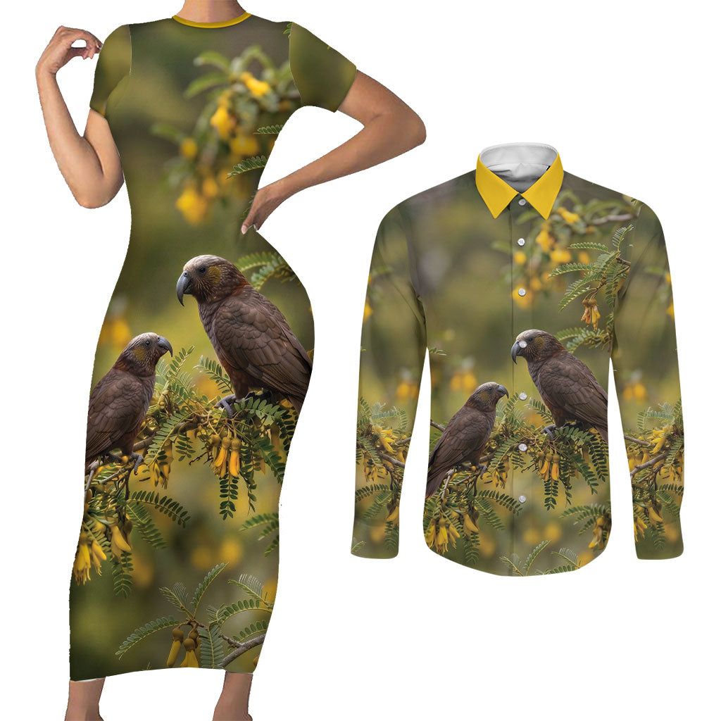 New Zealand Kaka Bird Couples Matching Short Sleeve Bodycon Dress and Long Sleeve Button Shirt Kowhai Flower Landscape Style