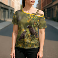 New Zealand Kaka Bird Cross Shoulder Shirt Kowhai Flower Landscape Style