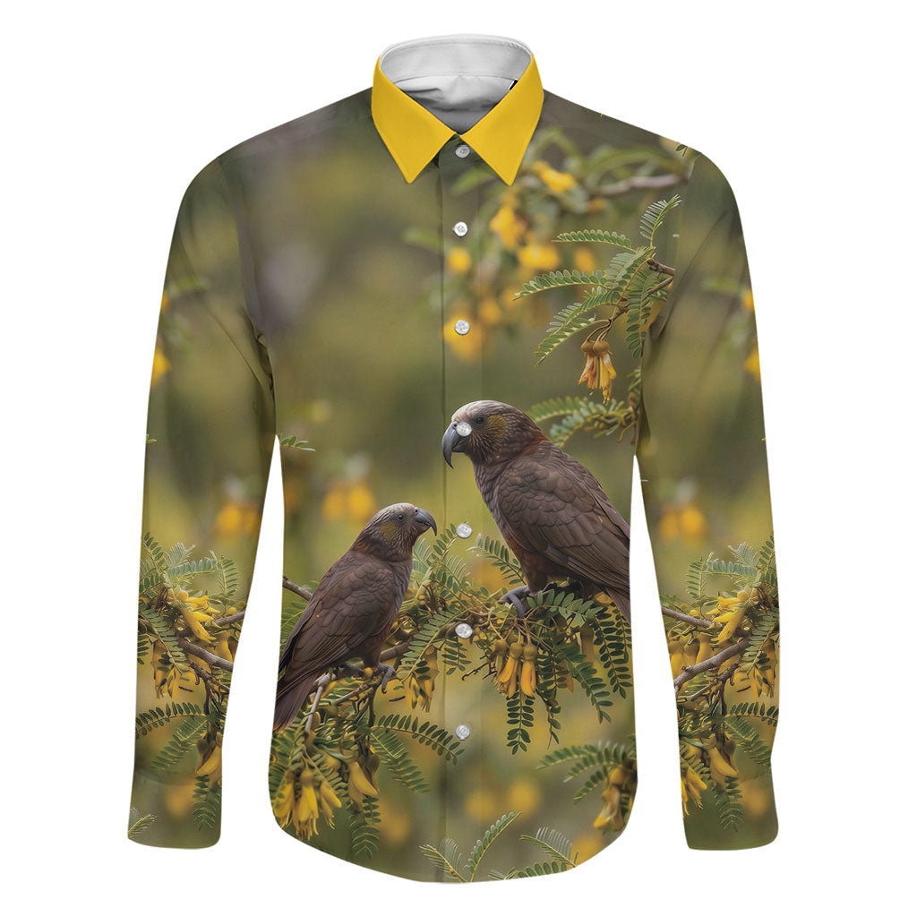 New Zealand Kaka Bird Family Matching Off Shoulder Maxi Dress and Hawaiian Shirt Kowhai Flower Landscape Style LT22 Dad's Shirt - Long Sleeve Green - Polynesian Pride