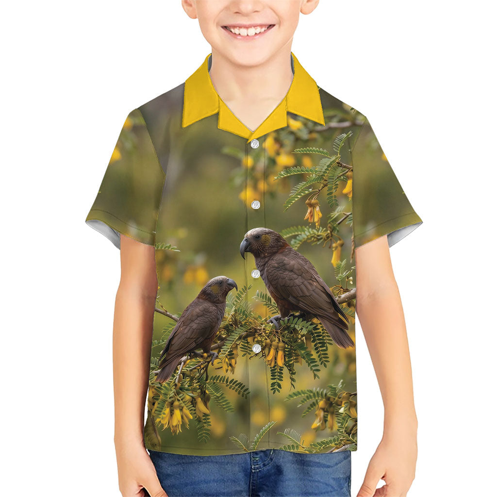 New Zealand Kaka Bird Family Matching Off Shoulder Maxi Dress and Hawaiian Shirt Kowhai Flower Landscape Style LT22 Son's Shirt Green - Polynesian Pride
