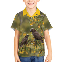 New Zealand Kaka Bird Family Matching Off Shoulder Maxi Dress and Hawaiian Shirt Kowhai Flower Landscape Style LT22 Son's Shirt Green - Polynesian Pride