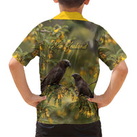 New Zealand Kaka Bird Family Matching Puletasi and Hawaiian Shirt Kowhai Flower Landscape Style