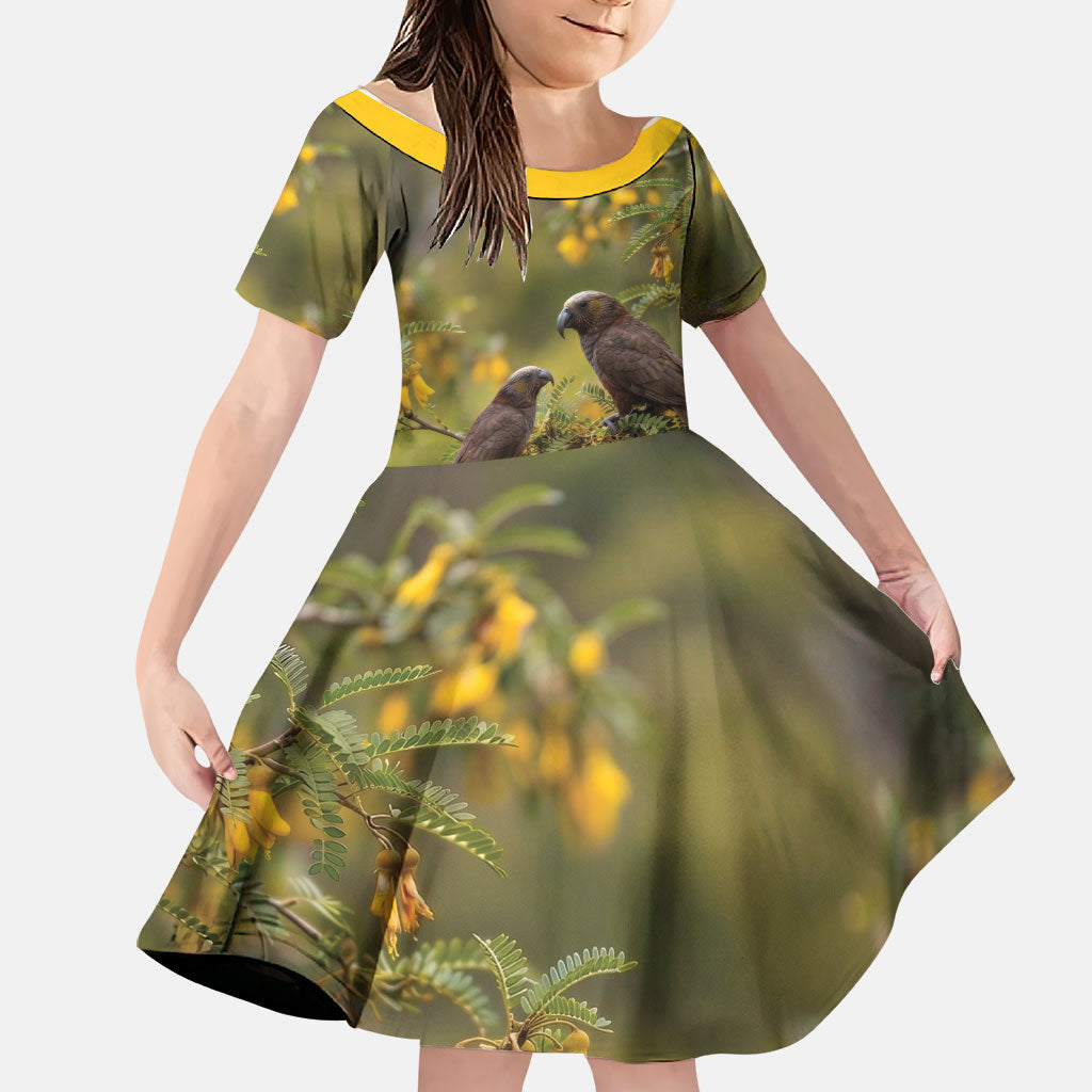 New Zealand Kaka Bird Family Matching Puletasi and Hawaiian Shirt Kowhai Flower Landscape Style