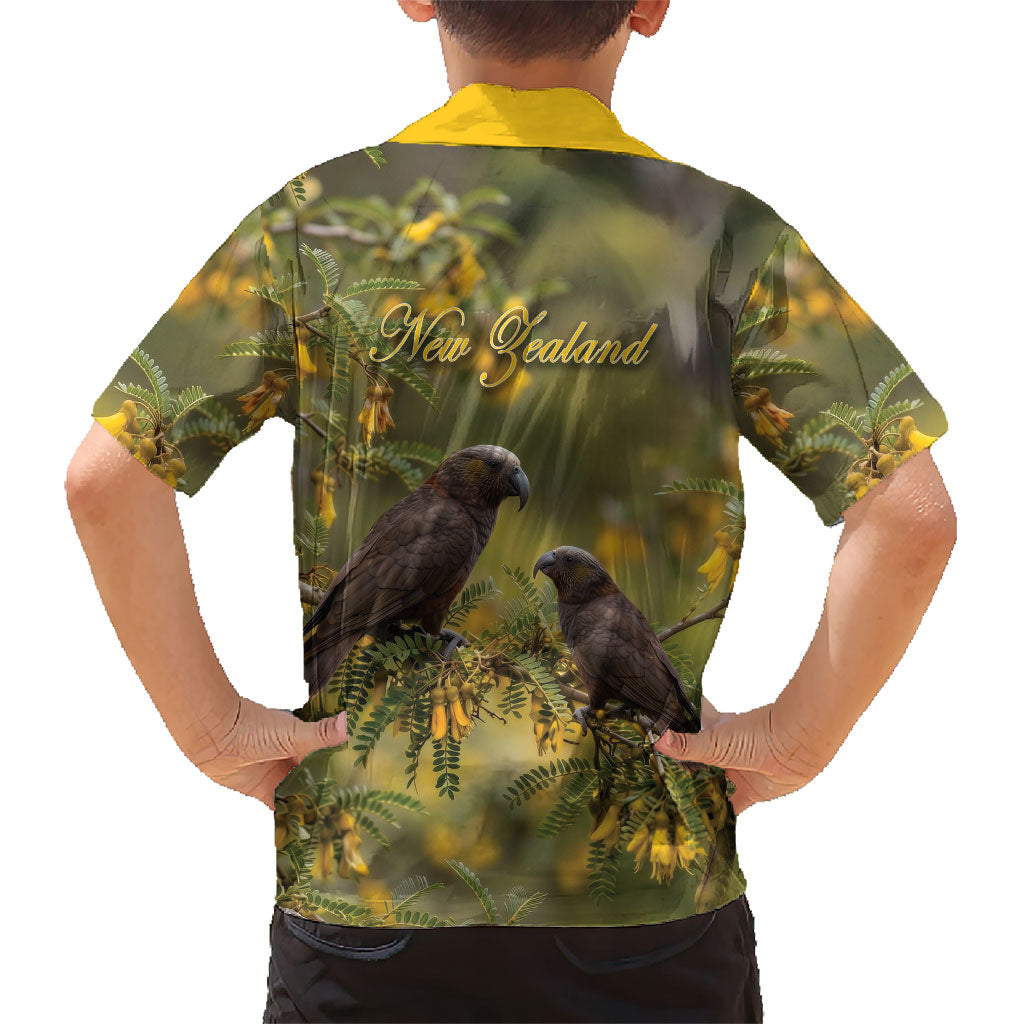 New Zealand Kaka Bird Family Matching Short Sleeve Bodycon Dress and Hawaiian Shirt Kowhai Flower Landscape Style LT22 - Polynesian Pride
