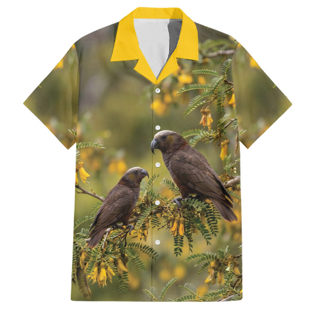 New Zealand Kaka Bird Family Matching Tank Maxi Dress and Hawaiian Shirt Kowhai Flower Landscape Style LT22 Dad's Shirt - Short Sleeve Green - Polynesian Pride