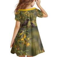 New Zealand Kaka Bird Kid Short Sleeve Dress Kowhai Flower Landscape Style