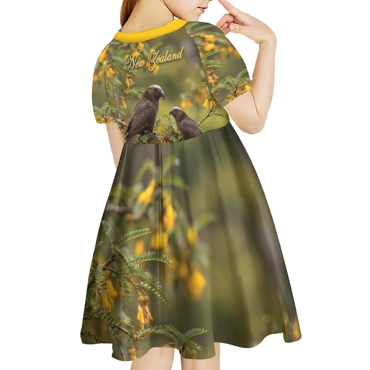 New Zealand Kaka Bird Kid Short Sleeve Dress Kowhai Flower Landscape Style