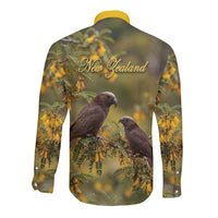New Zealand Kaka Bird Long Sleeve Button Shirt Kowhai Flower Landscape Style