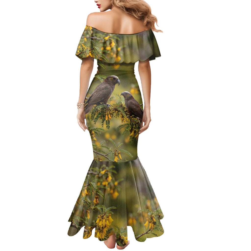New Zealand Kaka Bird Mermaid Dress Kowhai Flower Landscape Style