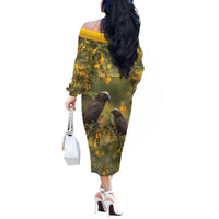 New Zealand Kaka Bird Off The Shoulder Long Sleeve Dress Kowhai Flower Landscape Style LT22 - Polynesian Pride