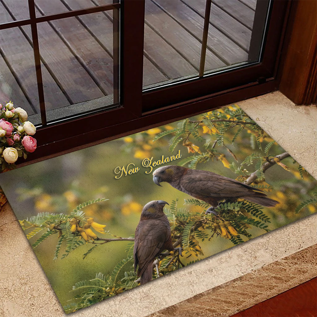New Zealand Kaka Bird Rubber Doormat Kowhai Flower Landscape Style