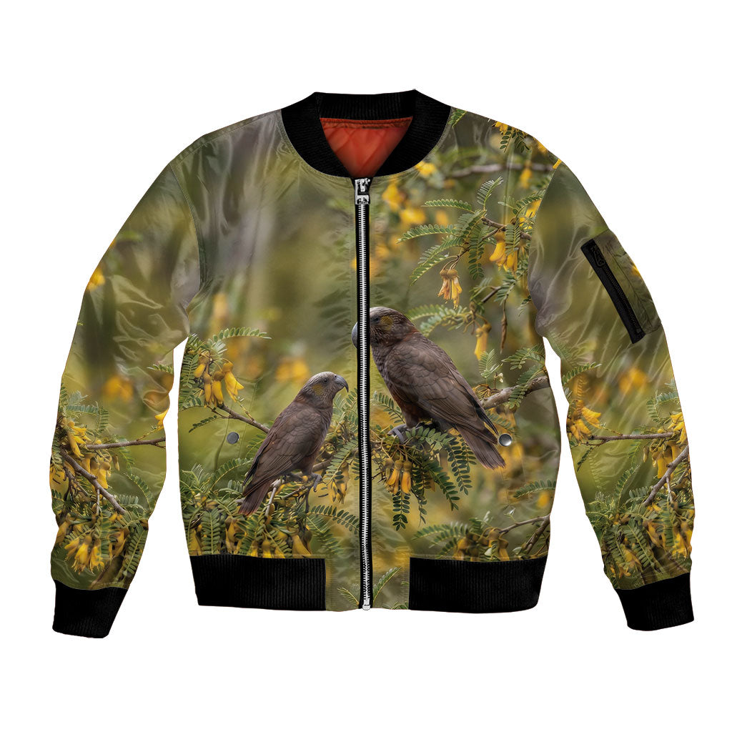 New Zealand Kaka Bird Sleeve Zip Bomber Jacket Kowhai Flower Landscape Style