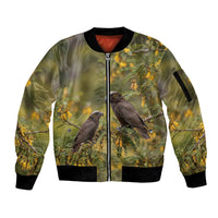 New Zealand Kaka Bird Sleeve Zip Bomber Jacket Kowhai Flower Landscape Style