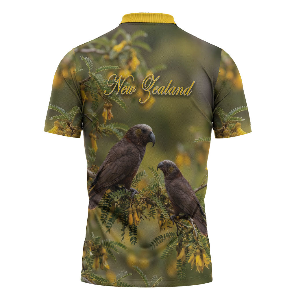 New Zealand Kaka Bird Zipper Polo Shirt Kowhai Flower Landscape Style