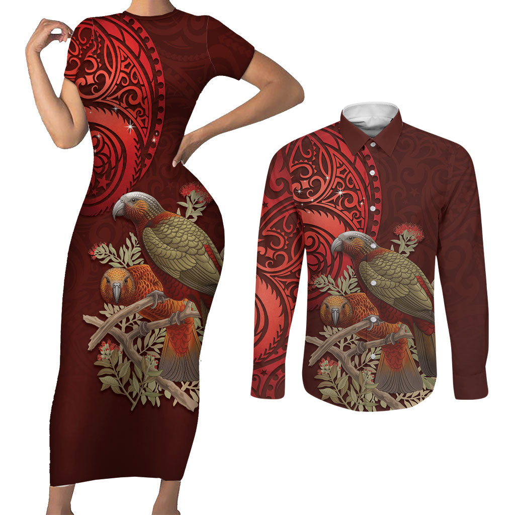 New Zealand Kaka Bird Personalised Couples Matching Short Sleeve Bodycon Dress and Long Sleeve Button Shirt Pohutukawa Matariki Maori Pattern
