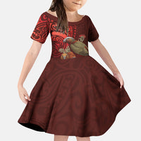 New Zealand Kaka Bird Personalised Family Matching Mermaid Dress and Hawaiian Shirt Pohutukawa Matariki Maori Pattern LT22 Daughter's Dress Red - Polynesian Pride