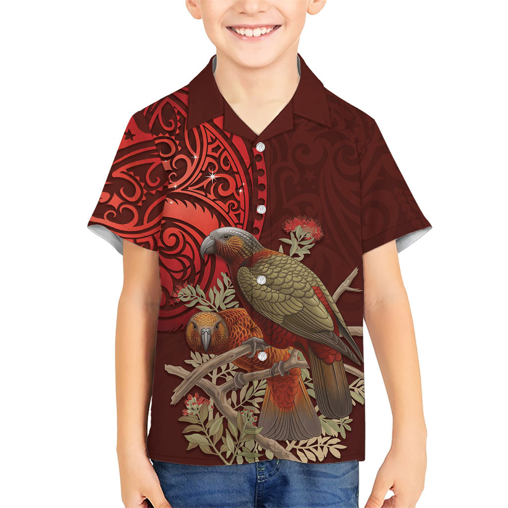 New Zealand Kaka Bird Personalised Family Matching Off The Shoulder Long Sleeve Dress and Hawaiian Shirt Pohutukawa Matariki Maori Pattern LT22 Son's Shirt Red - Polynesian Pride