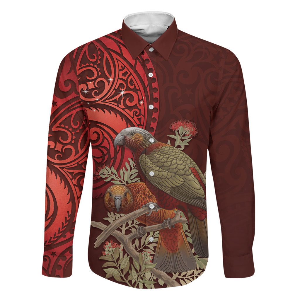New Zealand Kaka Bird Personalised Family Matching Puletasi and Hawaiian Shirt Pohutukawa Matariki Maori Pattern LT22 Dad's Shirt - Long Sleeve Red - Polynesian Pride