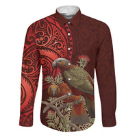 New Zealand Kaka Bird Personalised Family Matching Puletasi and Hawaiian Shirt Pohutukawa Matariki Maori Pattern LT22 Dad's Shirt - Long Sleeve Red - Polynesian Pride
