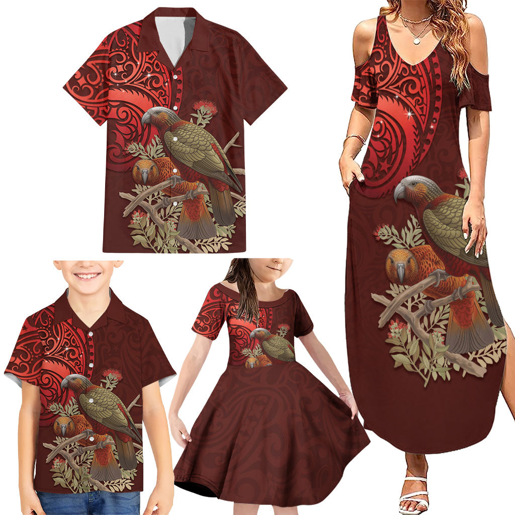 New Zealand Kaka Bird Personalised Family Matching Summer Maxi Dress and Hawaiian Shirt Pohutukawa Matariki Maori Pattern