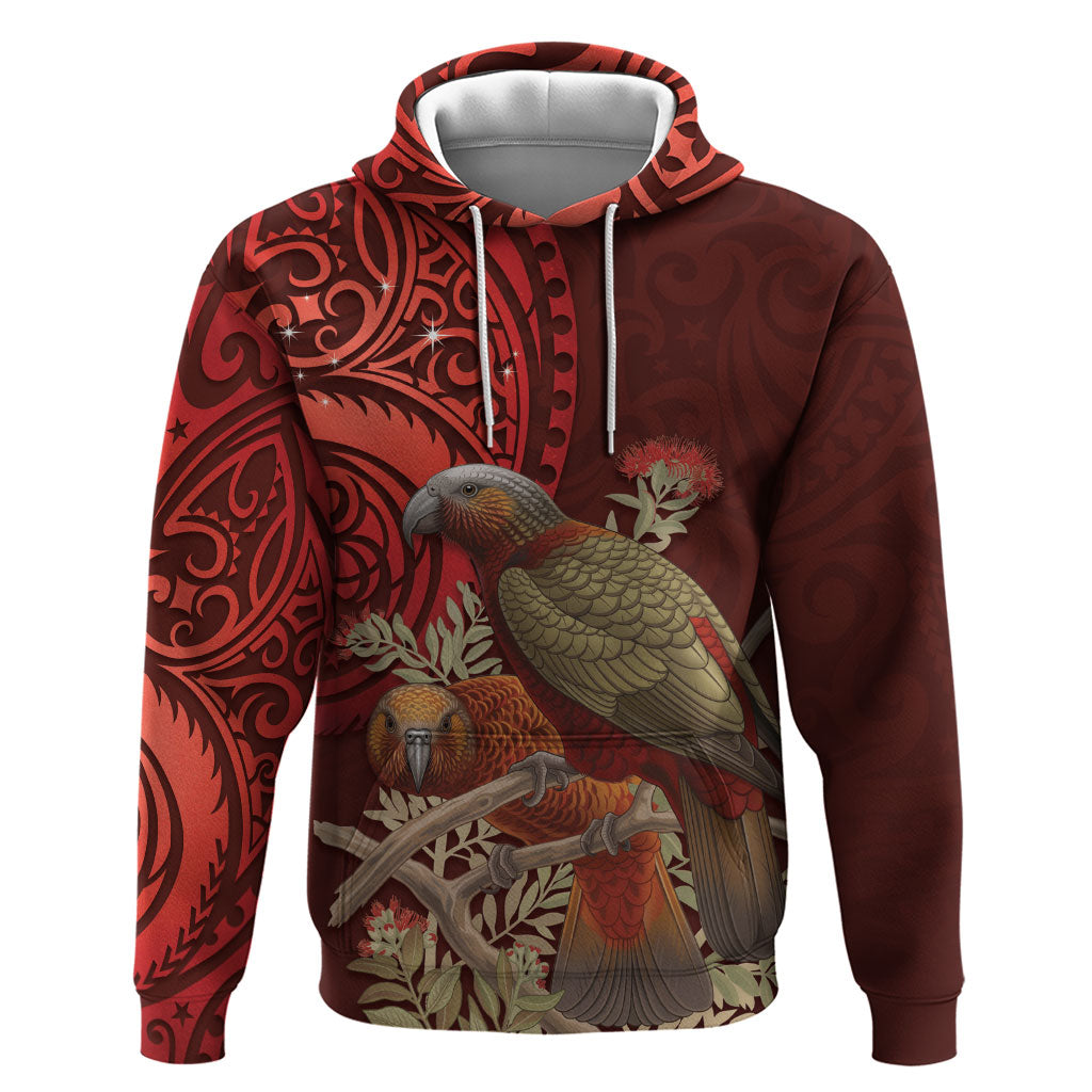 New Zealand Kaka Bird Personalised Hoodie Pohutukawa Matariki Maori Pattern