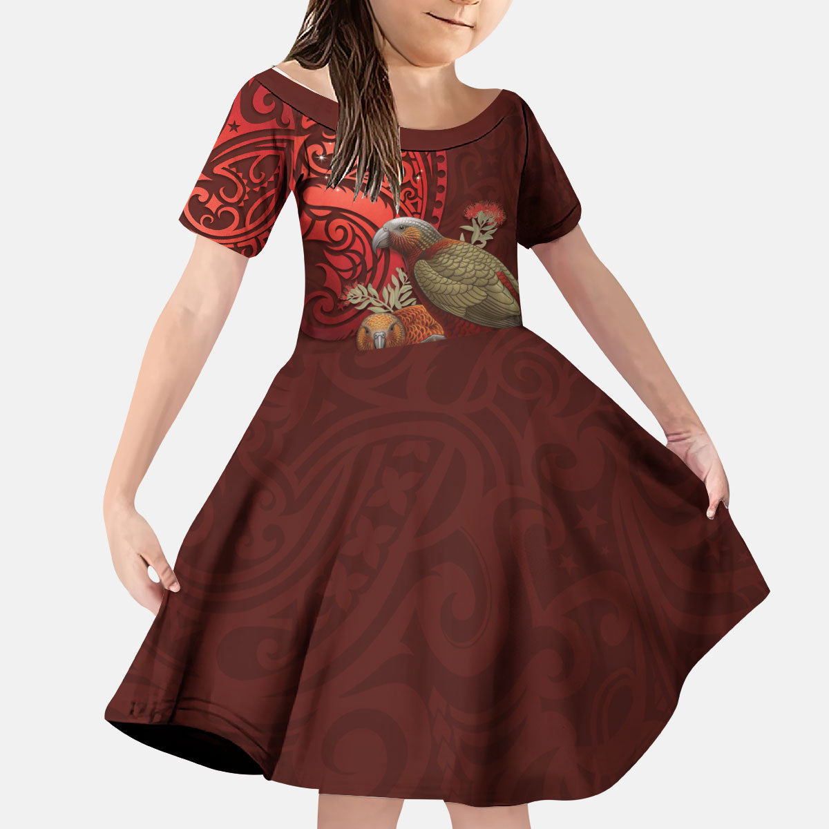 New Zealand Kaka Bird Personalised Kid Short Sleeve Dress Pohutukawa Matariki Maori Pattern