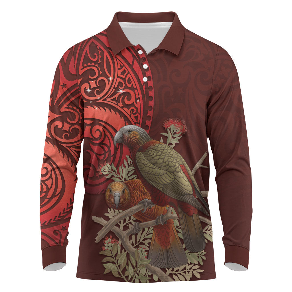 New Zealand Kaka Bird Personalised Long Sleeve Polo Shirt Pohutukawa Matariki Maori Pattern