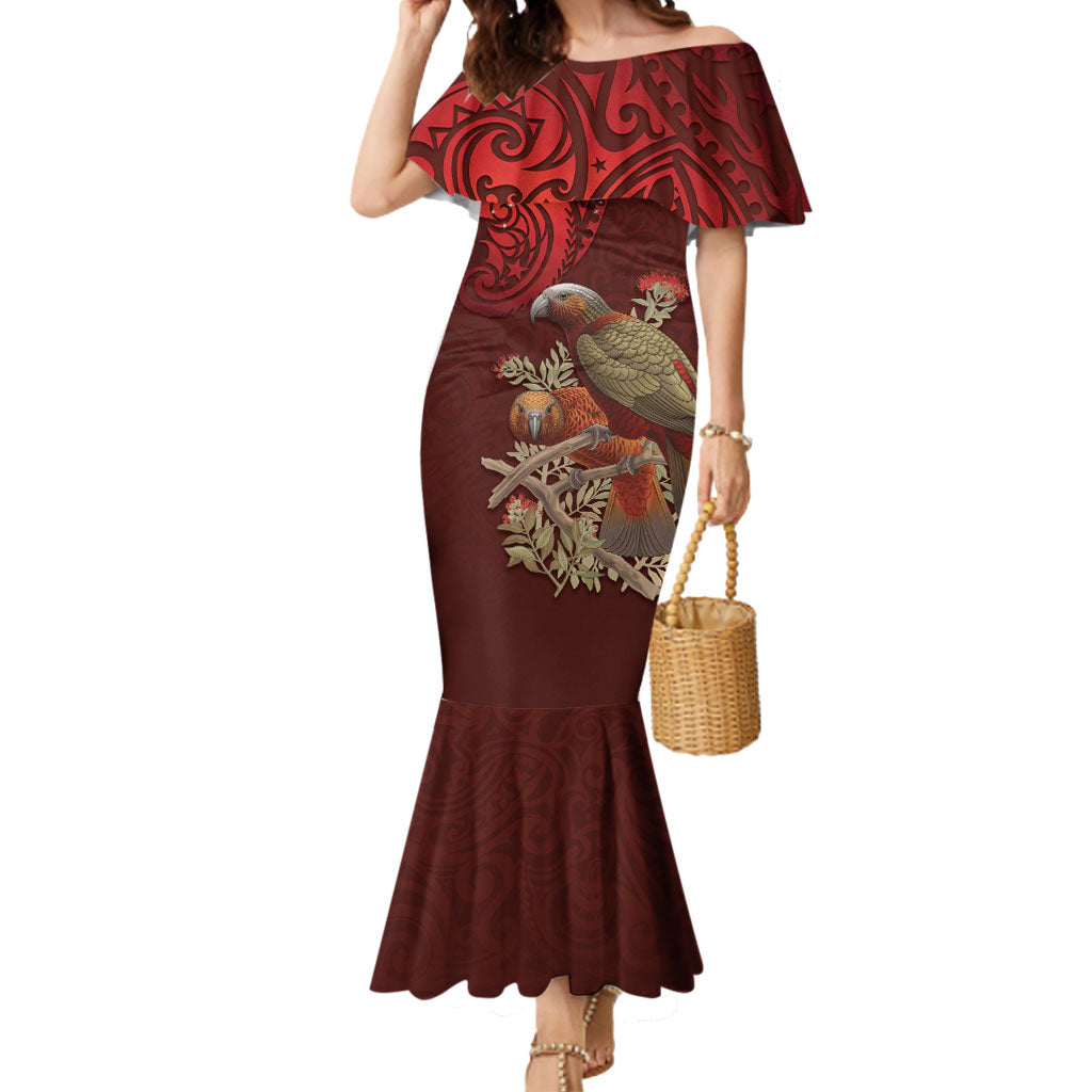 New Zealand Kaka Bird Personalised Mermaid Dress Pohutukawa Matariki Maori Pattern LT22 Women Red - Polynesian Pride