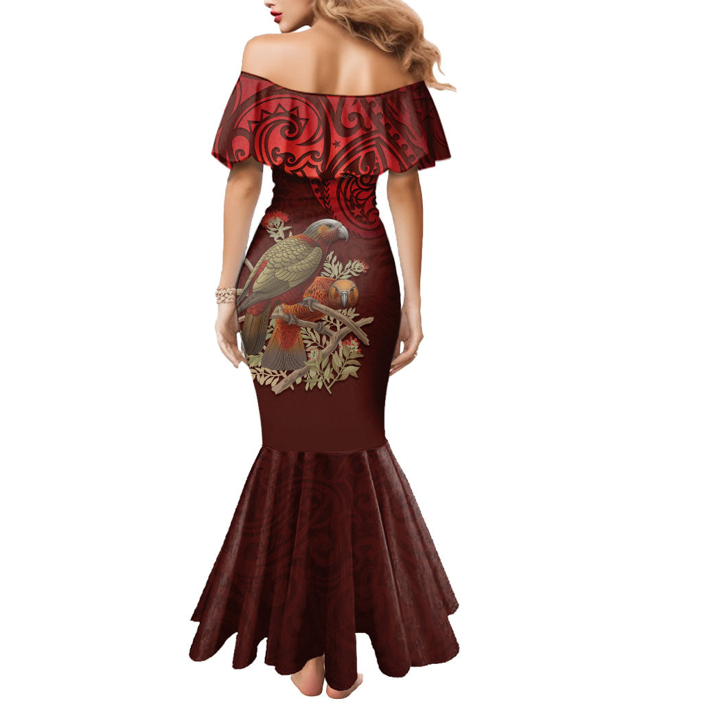 New Zealand Kaka Bird Personalised Mermaid Dress Pohutukawa Matariki Maori Pattern LT22 - Polynesian Pride