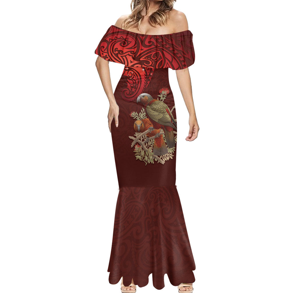 New Zealand Kaka Bird Personalised Mermaid Dress Pohutukawa Matariki Maori Pattern LT22 - Polynesian Pride