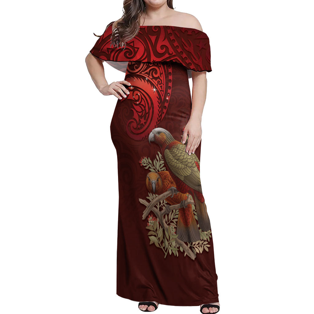 New Zealand Kaka Bird Personalised Off Shoulder Maxi Dress Pohutukawa Matariki Maori Pattern