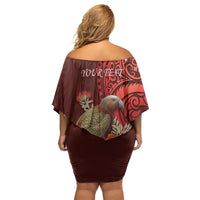 New Zealand Kaka Bird Personalised Off Shoulder Short Dress Pohutukawa Matariki Maori Pattern LT22 - Polynesian Pride