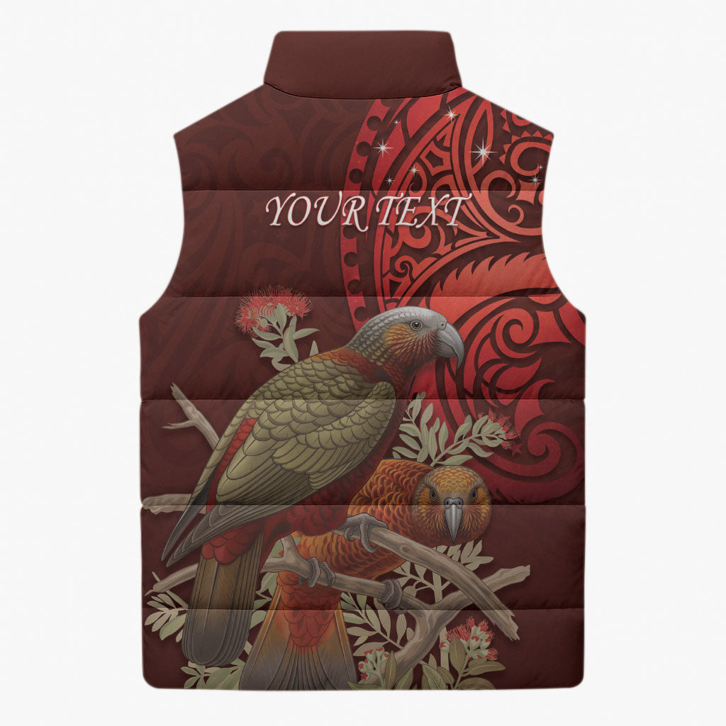 New Zealand Kaka Bird Personalised Sleeveless Puffer Jacket Pohutukawa Matariki Maori Pattern