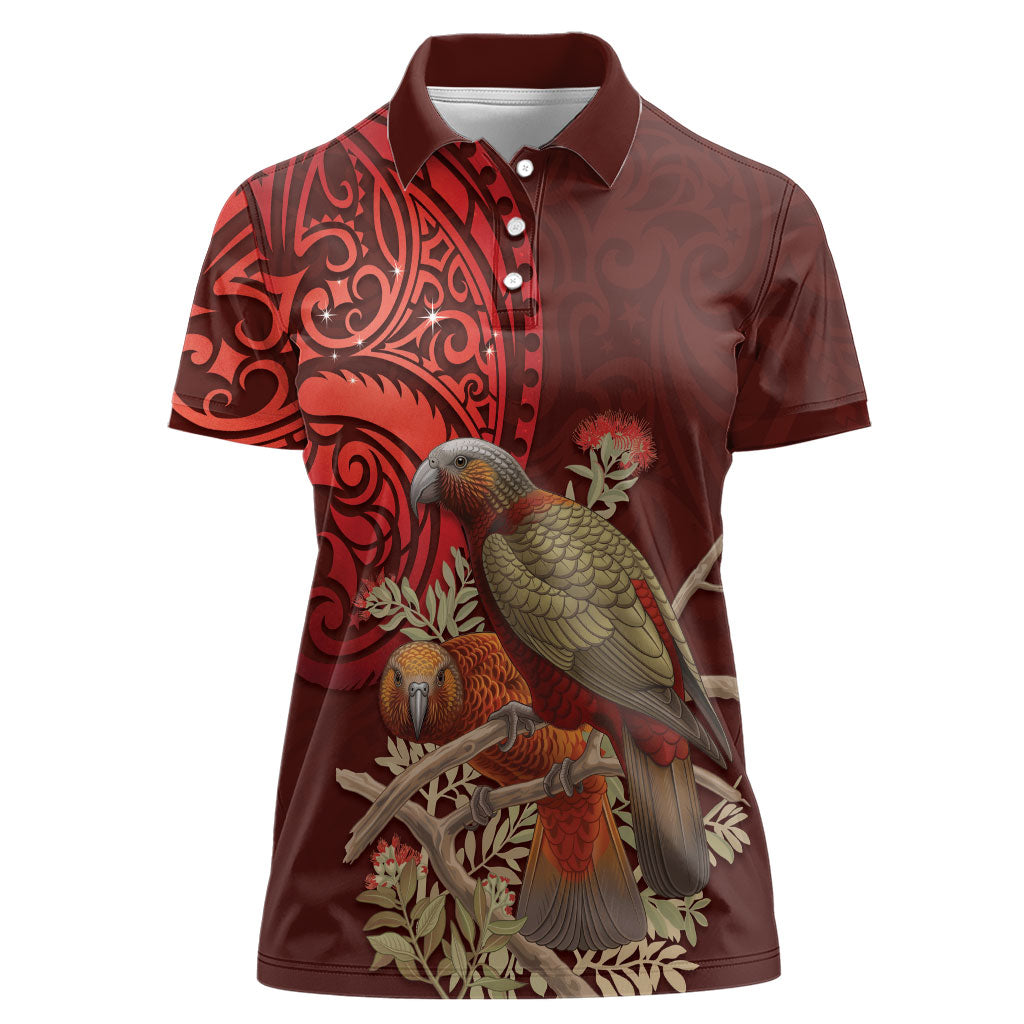 New Zealand Kaka Bird Personalised Women Polo Shirt Pohutukawa Matariki Maori Pattern