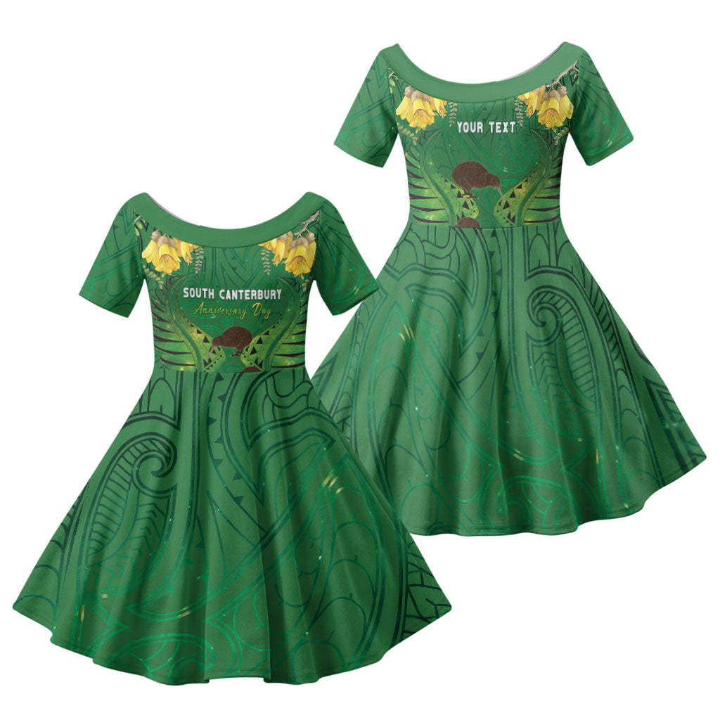 Personalised South Canterbury Anniversary Day Family Matching Off The Shoulder Long Sleeve Dress and Hawaiian Shirt Kiwi Kowhai Silver Fern Maori Pattern LT22 Daughter's Dress Green - Polynesian Pride
